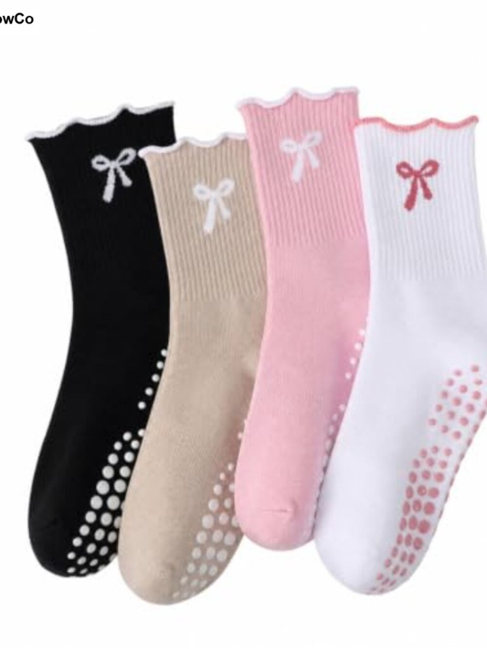Non Slip Pilates Grip Socks Bow Balletcore Cotton Blend Crew 4 Pair